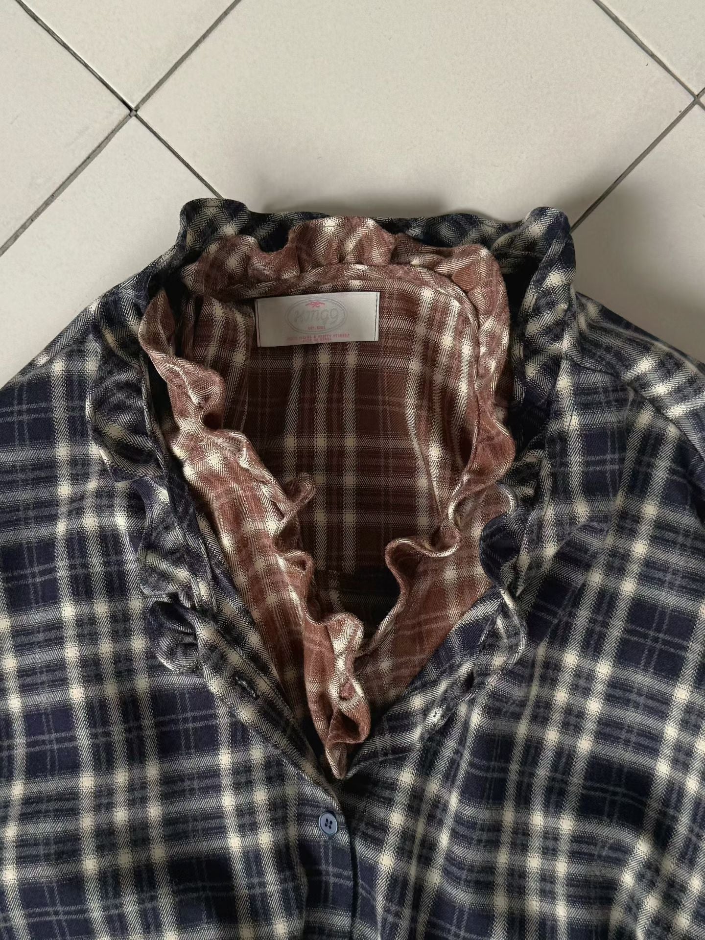 // 木耳邊可綁腰格紋BL