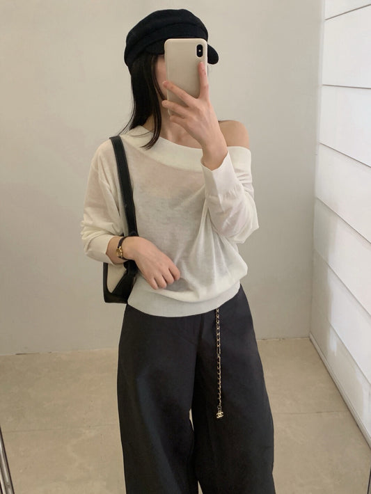 🥟 高質天絲麻斜肩薄針織上衣