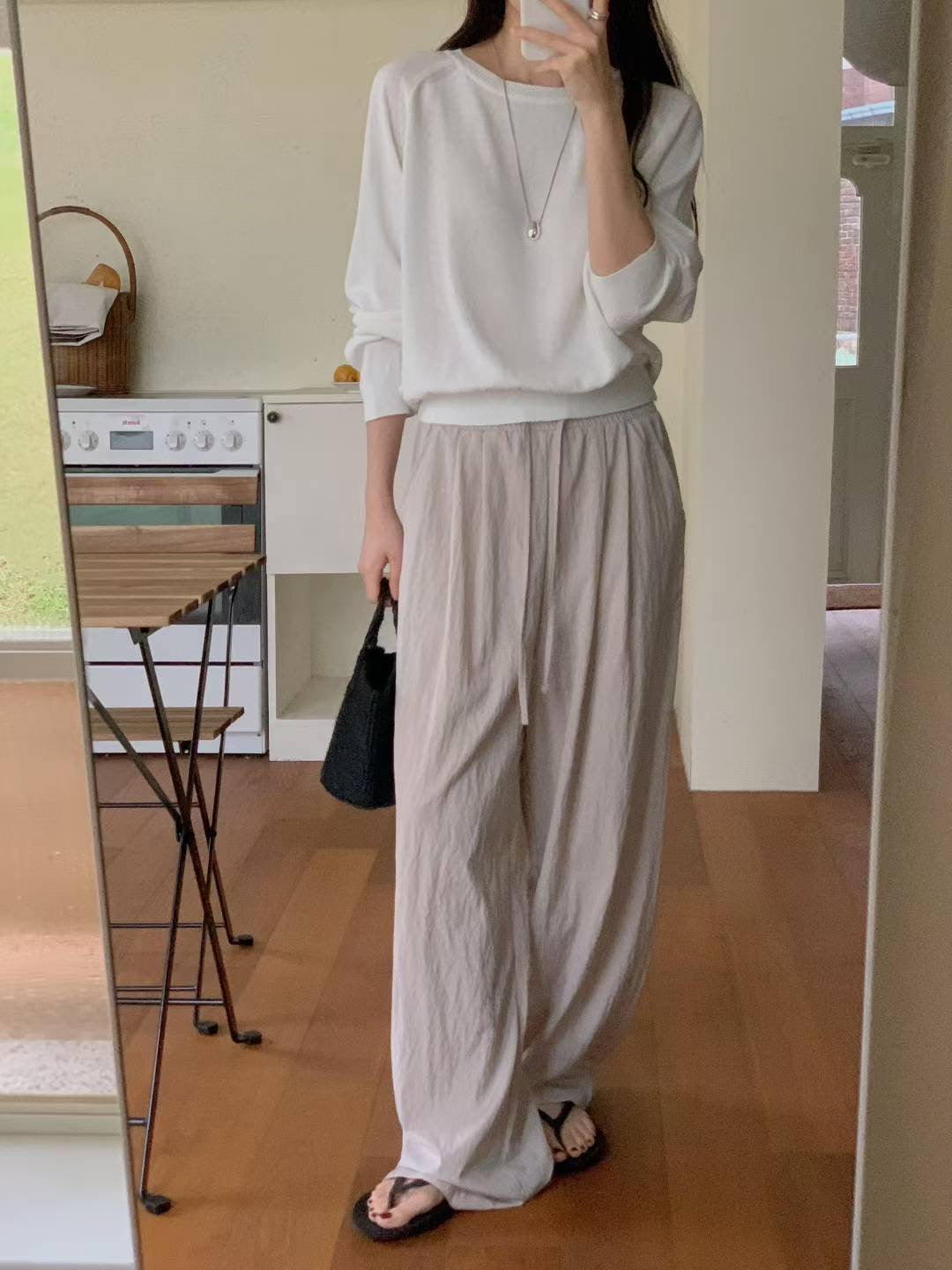 // 免燙舒服涼爽料壓褶全長休閒褲