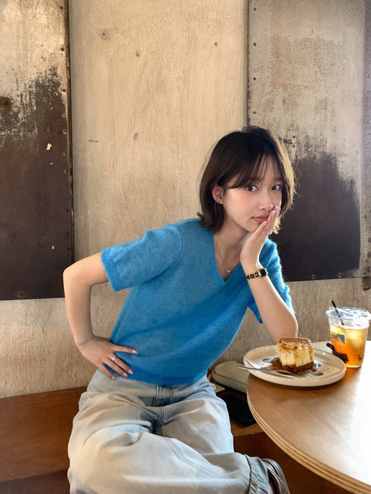 🍳 20%馬海毛V領短袖針織上衣