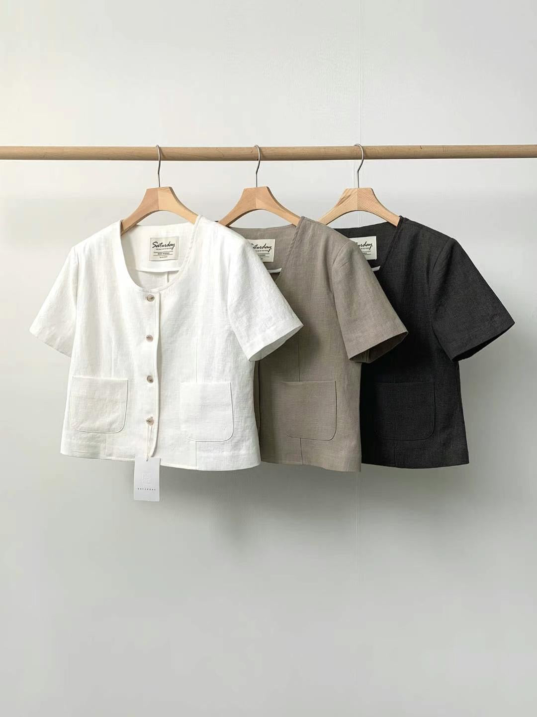 // linen100%簡約口袋外套