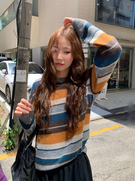 // 復古感撞色間條圓領10%羊毛NT