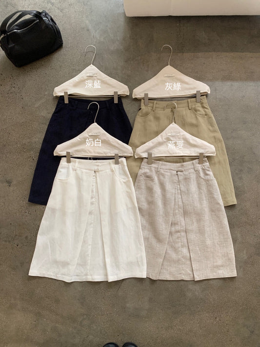 // 天絲麻壓褶開叉五分裙