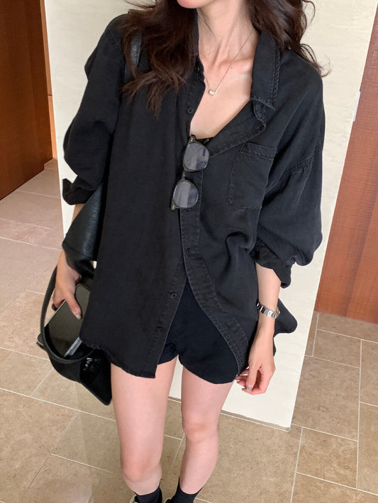 // 復古感天絲棉黑灰牛仔恤衫