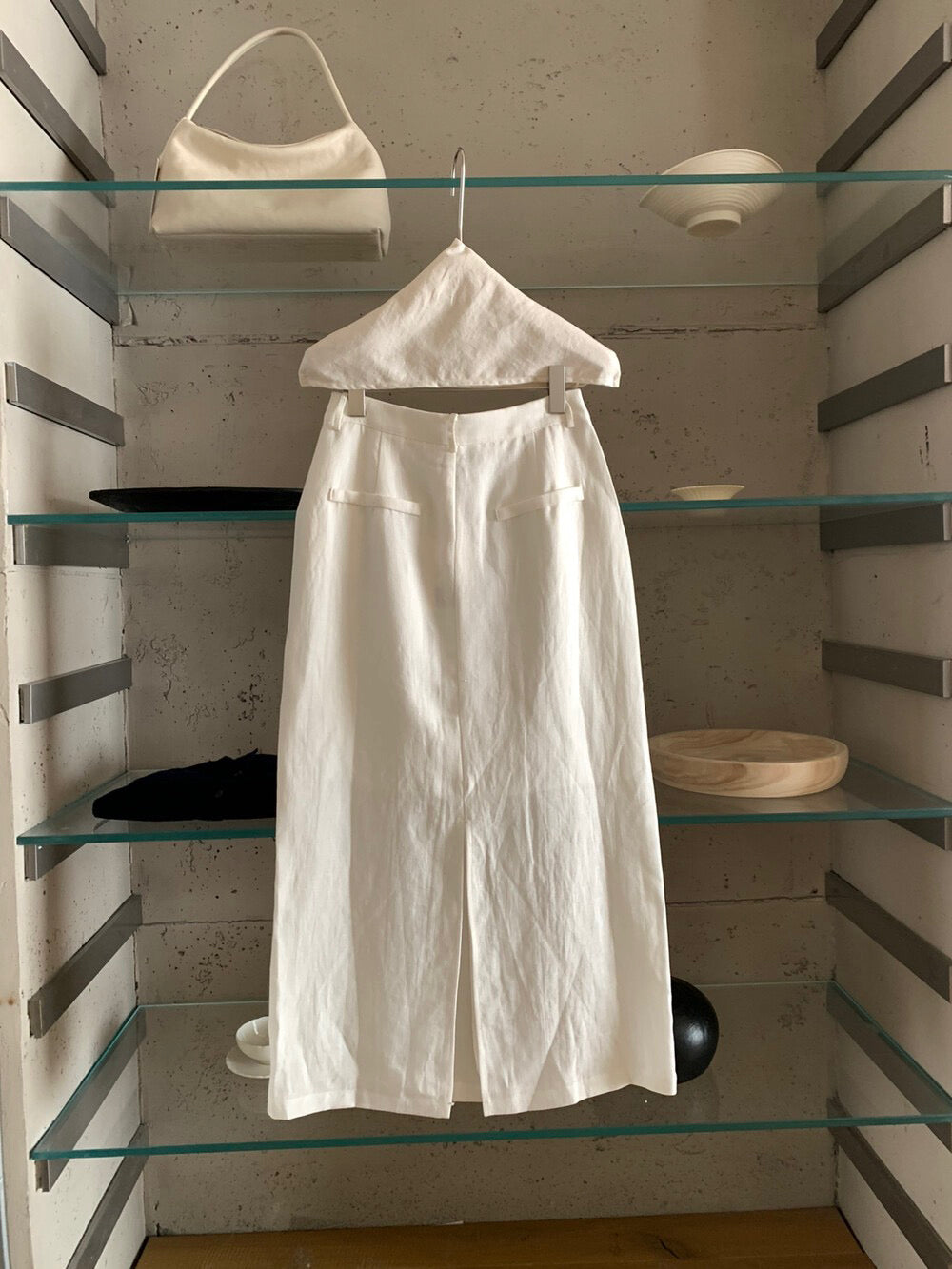 // 高質天絲麻直筒中長半裙