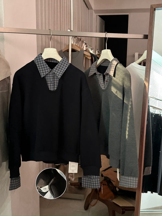 // 高級感拼接格仔翻領薄絨底衛衣