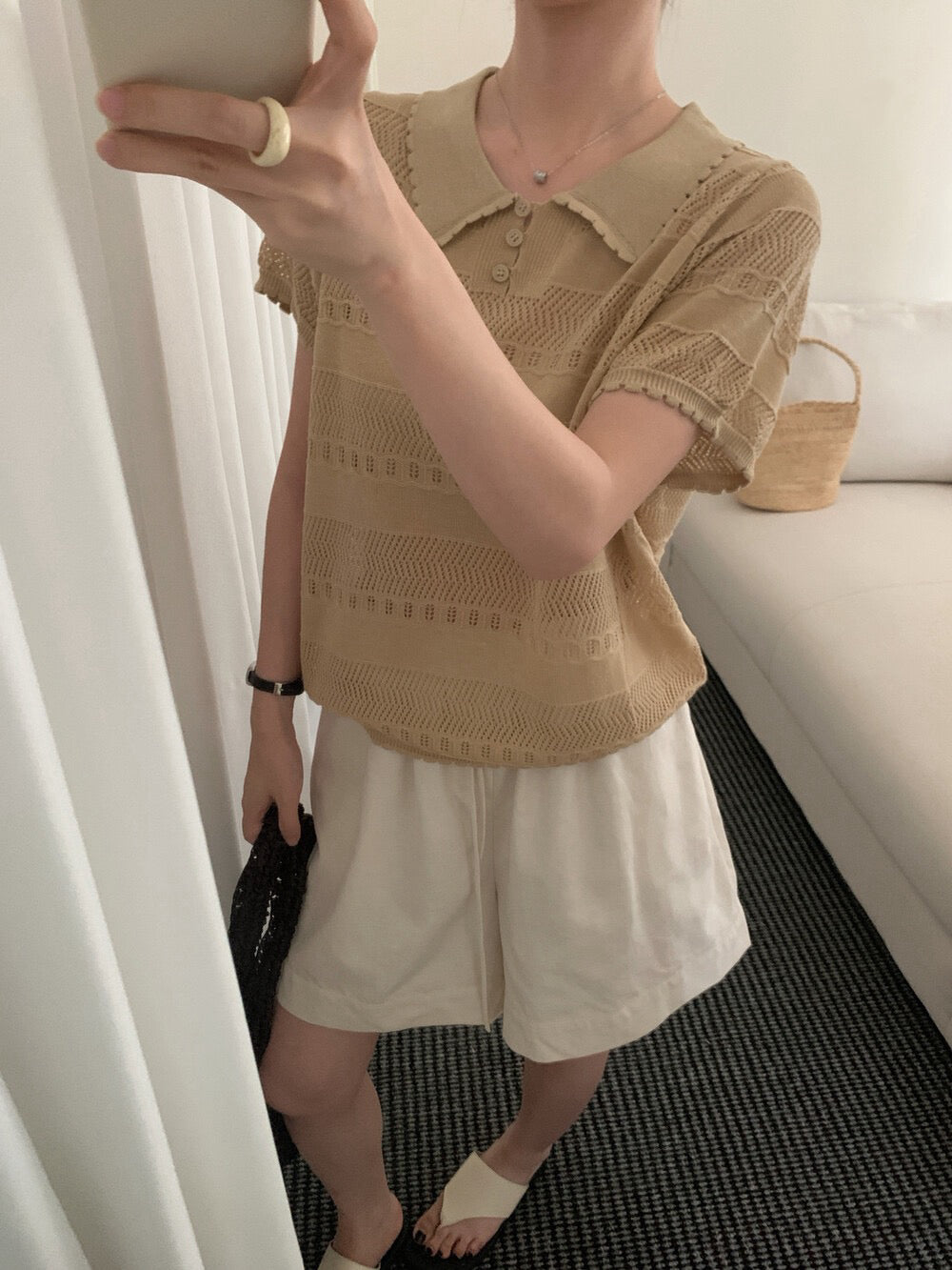 K19 / 精緻鏤空花邊翻領lyocell polo NT
