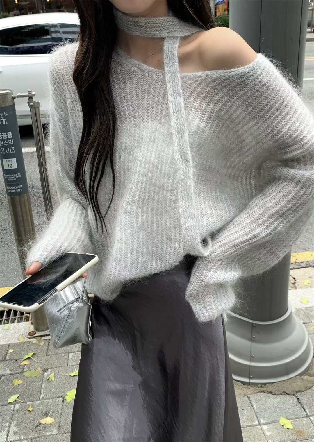 // 連領帶fine mohair針織上衣