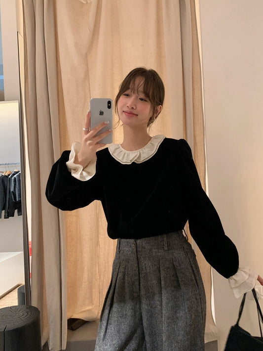 // 拼接荷葉花邊後綁帶絲絨BL