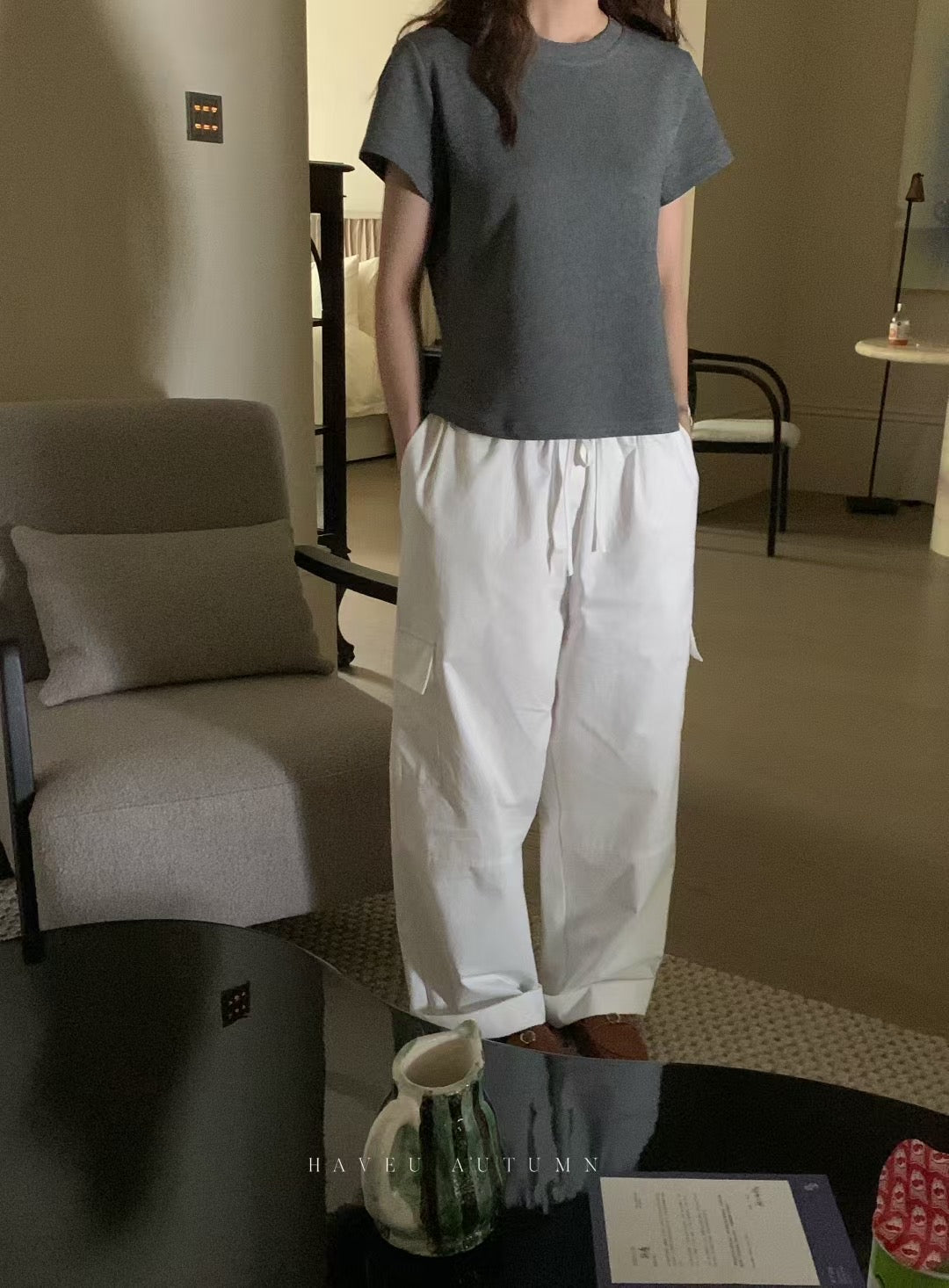 // 休閒感滿滿橡筋腰口袋工裝褲