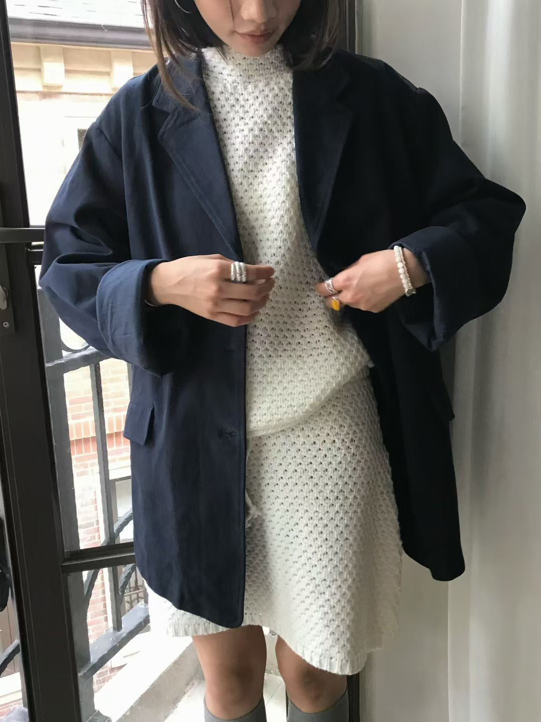 // 法式洗水棉中長款西裝外套