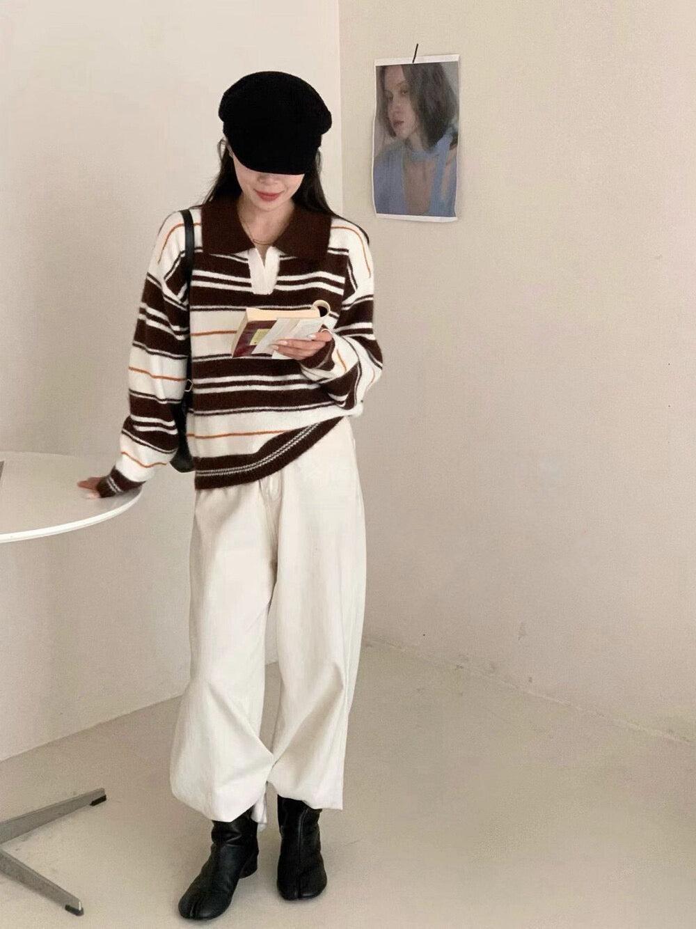 // 30%綿羊毛翻領拼色間條毛衣