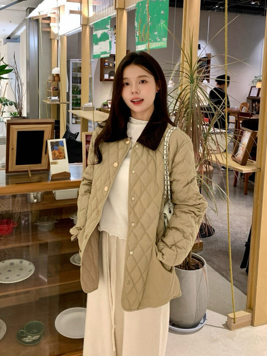 // 高品質拼燈芯絨領菱格薄夾棉外套