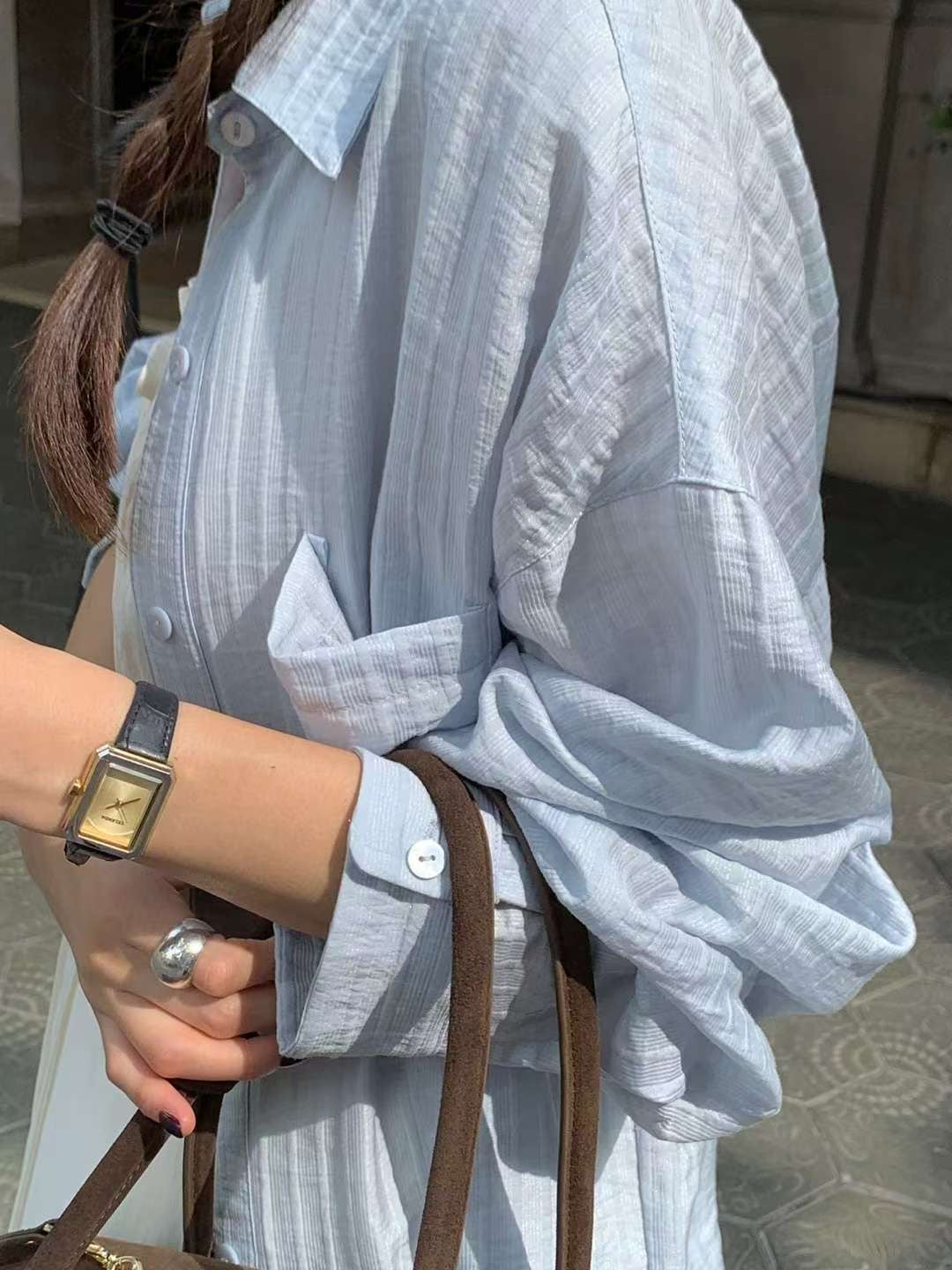 // 微光澤感立體直紋口袋SH