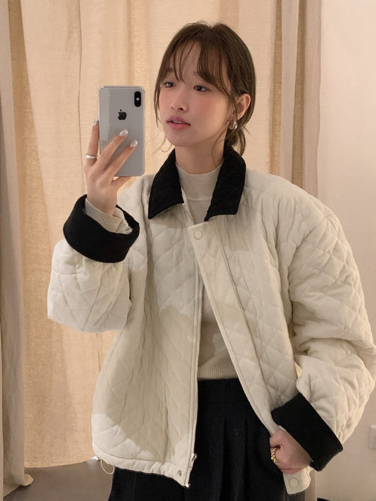 // 拼色燈芯絨領菱格絨面夾棉外套