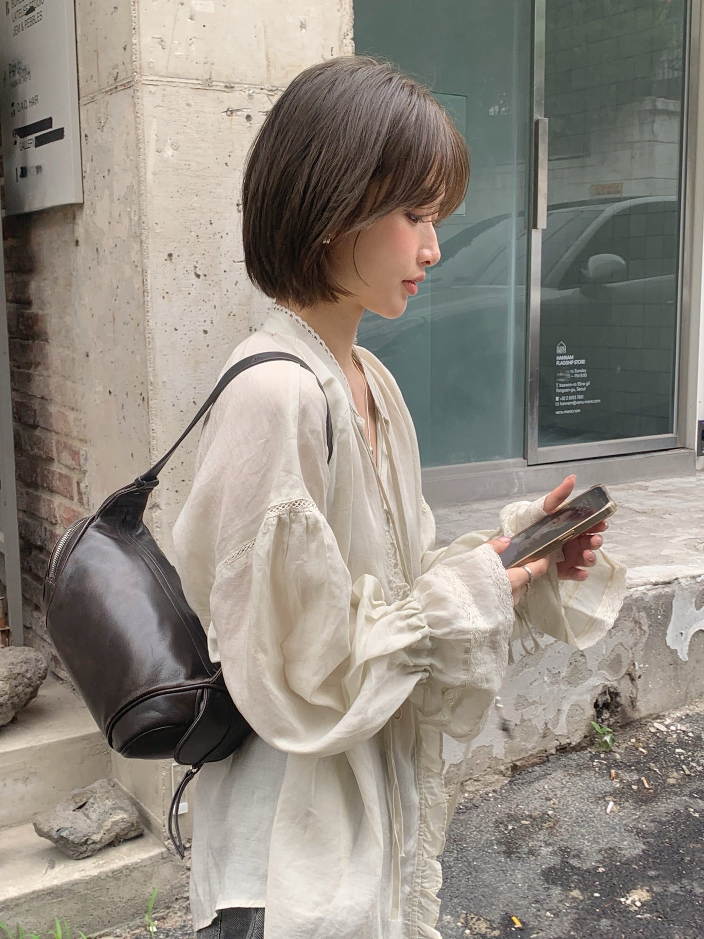 // 花邊荷葉袖拼接lace綁帶BL