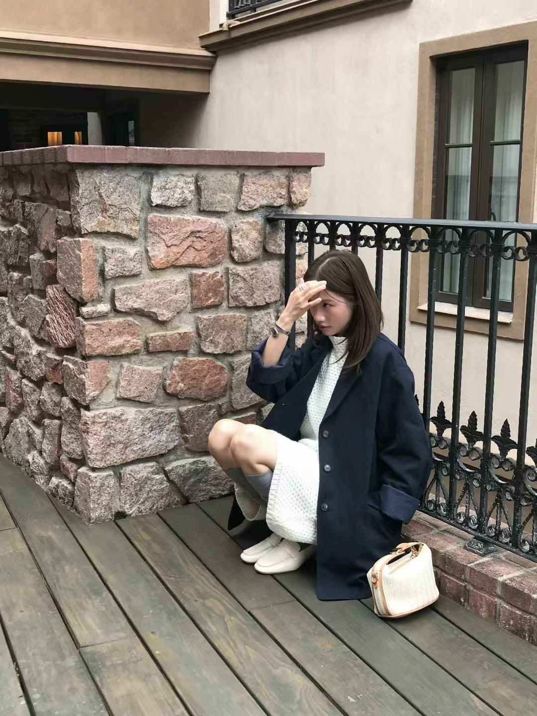 // 法式洗水棉中長款西裝外套