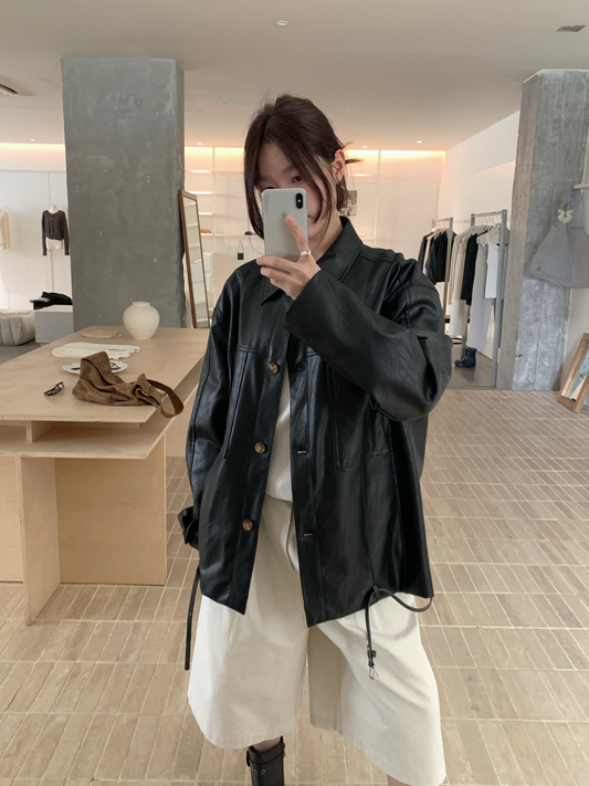 // 復古感美拉德翻領中長彷皮外套