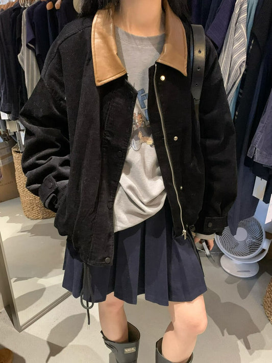 // 帥氣拼皮領燈芯絨可束腳拉鍊外套