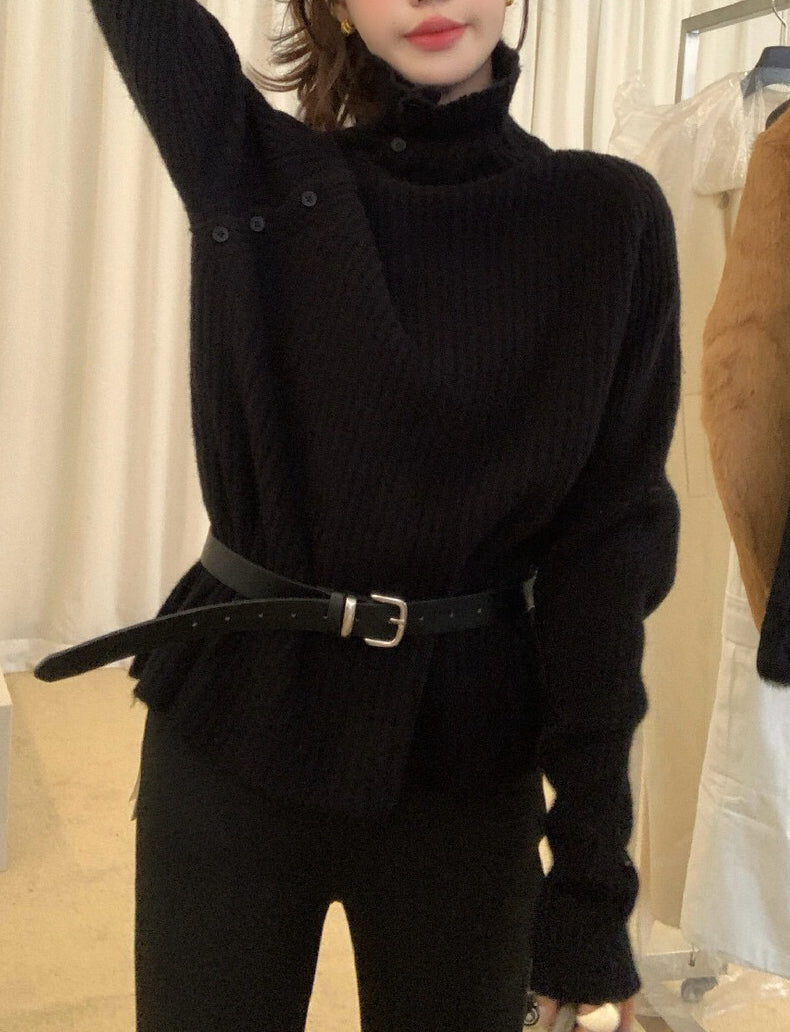 // 側鈕扣直坑紋高領毛衣