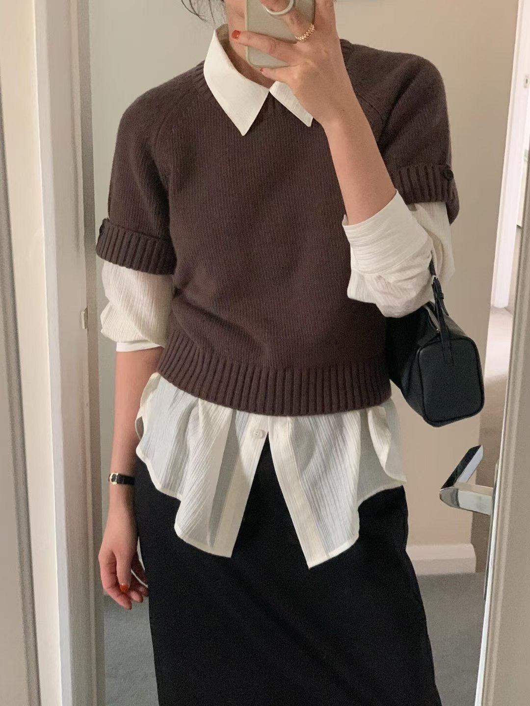 // cashmere+fine wool反袖鈕扣袖短袖NT
