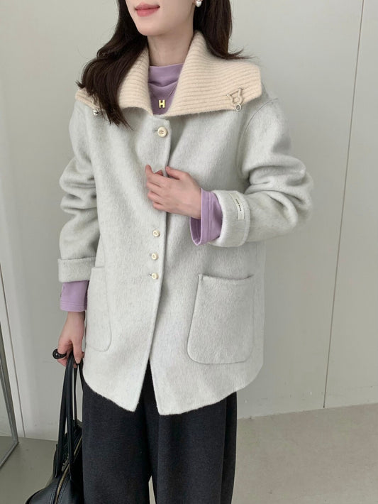 // 100%羊毛拼針織領雙面手工外套