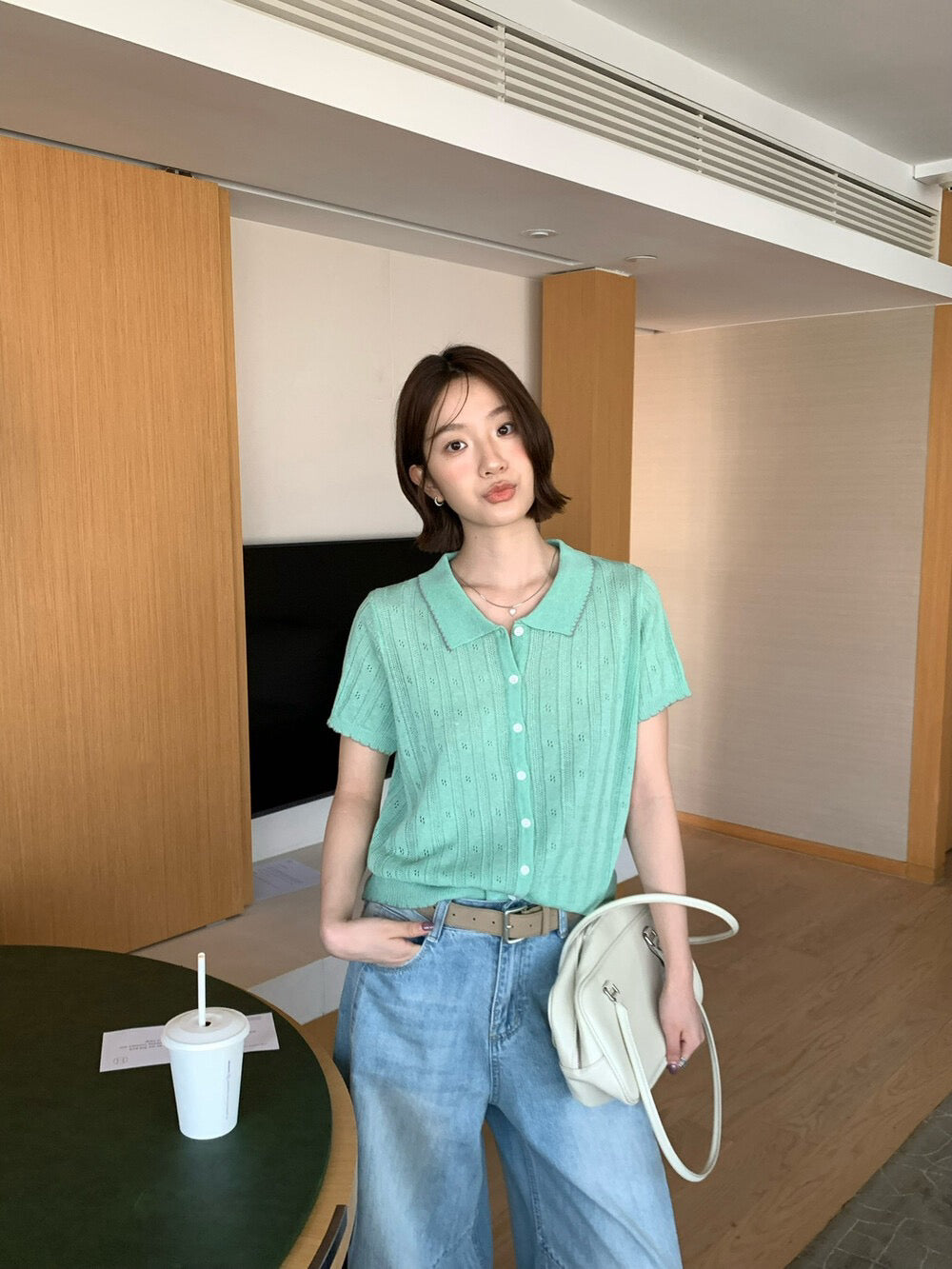 // 復古法式鏤空鈎花撞色包邊短袖NT