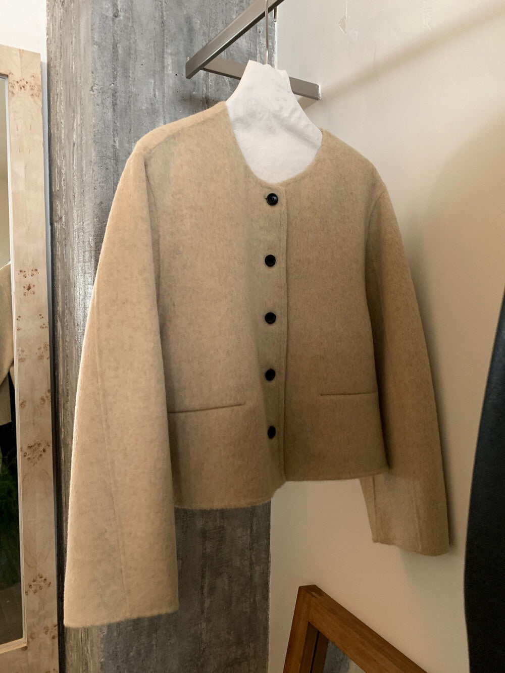 // 100%羊毛簡約圓領小口袋雙面羊毛手工外套