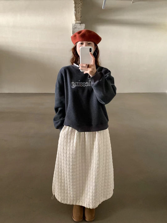 // “Blessing”刺繡拼lace邊加絨衛衣