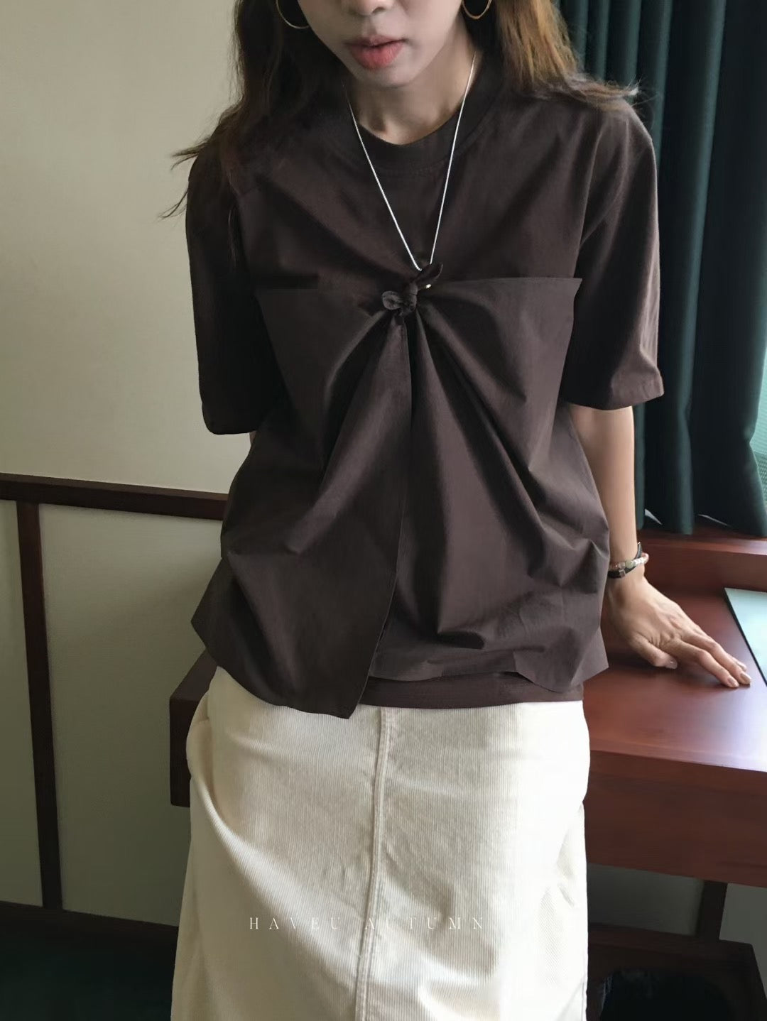 // 設計感純棉+恤衫棉綁結TEE