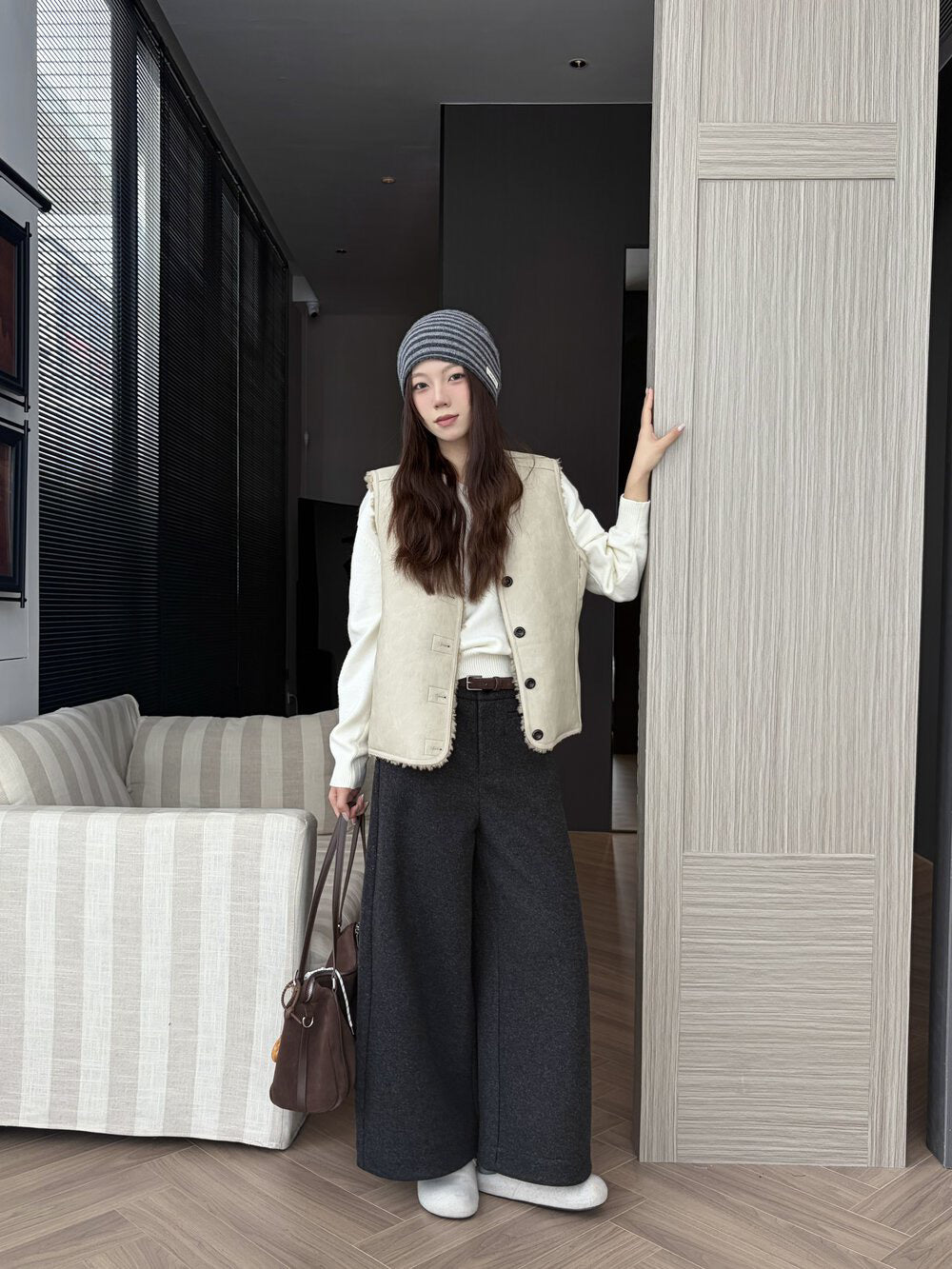 // 小口袋裝飾加絨直腳混羊毛呢褲(連腰帶)