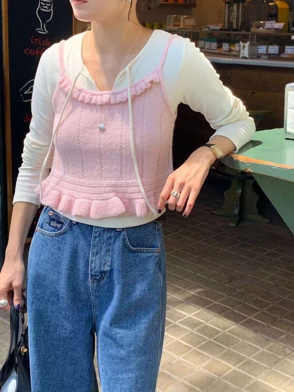 // 超美荷葉邊直間織紋小吊帶
