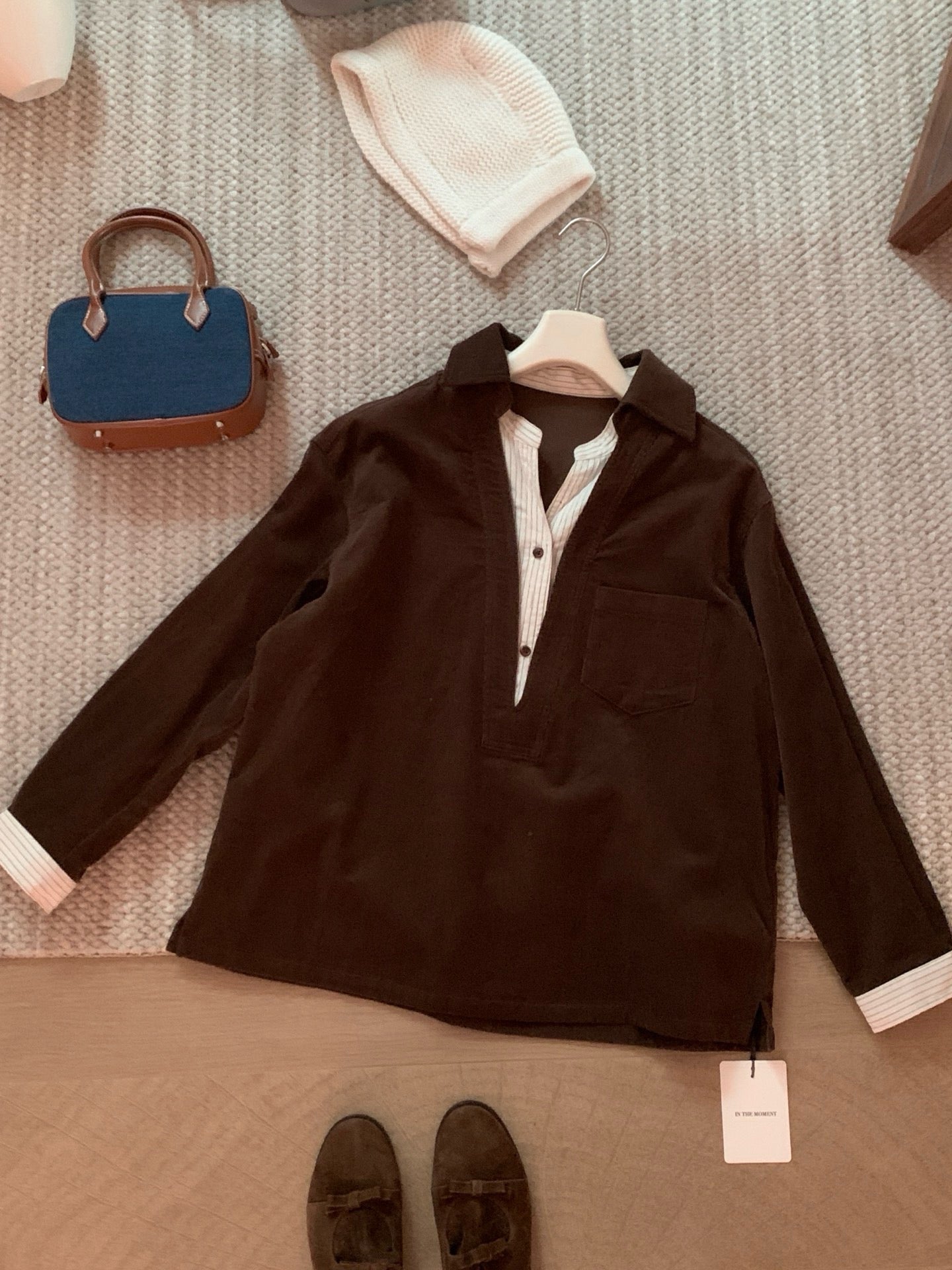 // 假兩件口袋拼接恤衫燈芯絨上衣