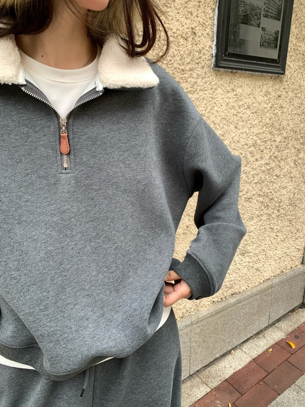 // 毛毛領半拉鍊衛衣+褲套裝