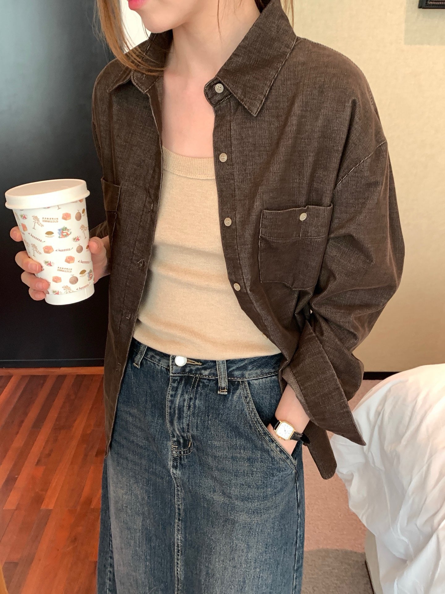 // 復古霧面質感燈芯絨口袋SH