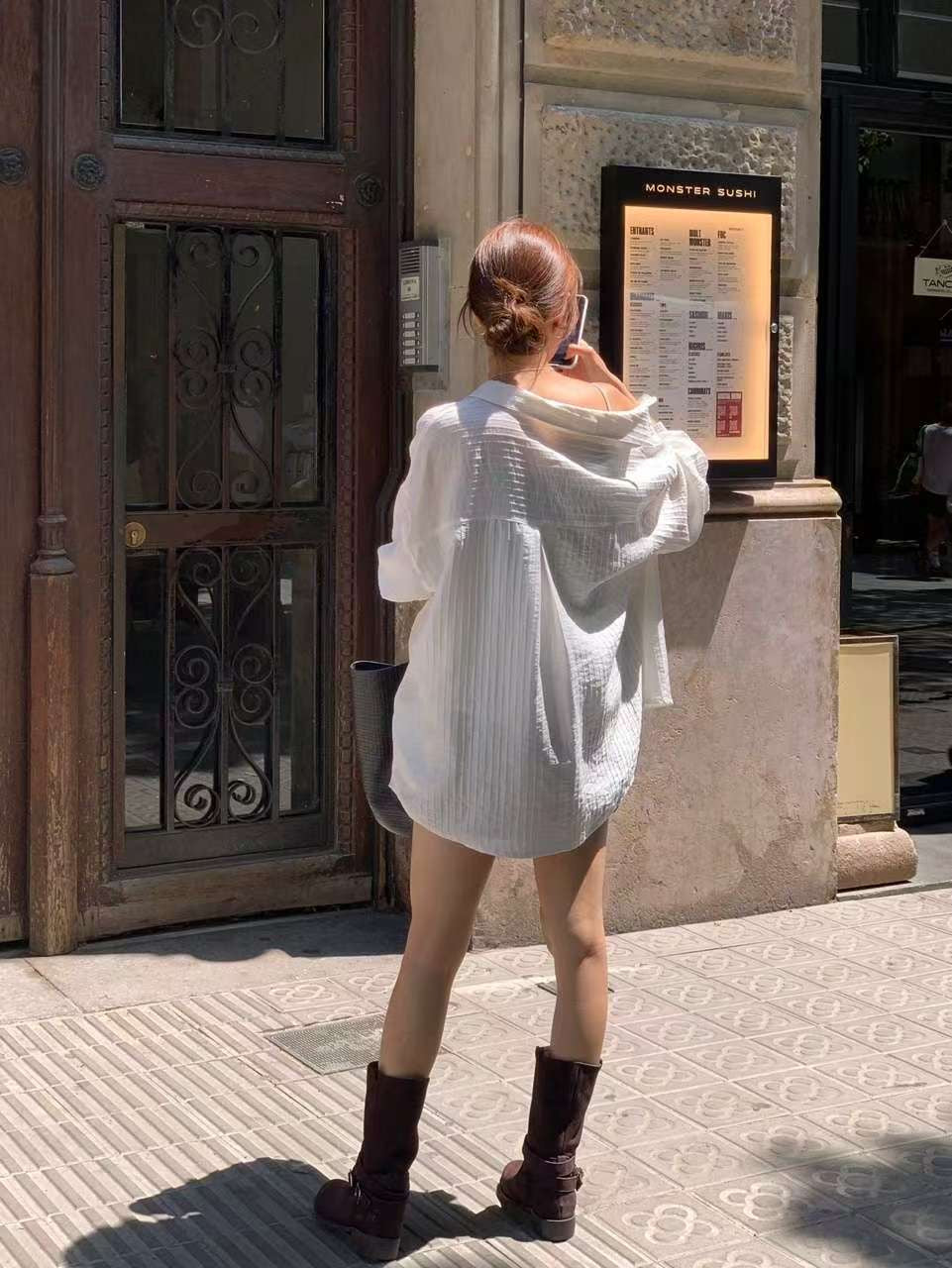 // 微光澤感立體直紋口袋SH