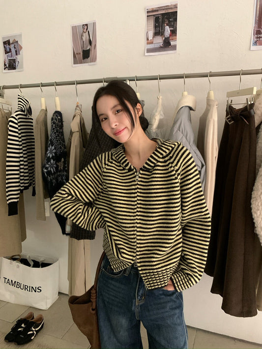 // 軟糯雙拉鍊細間條連帽CD