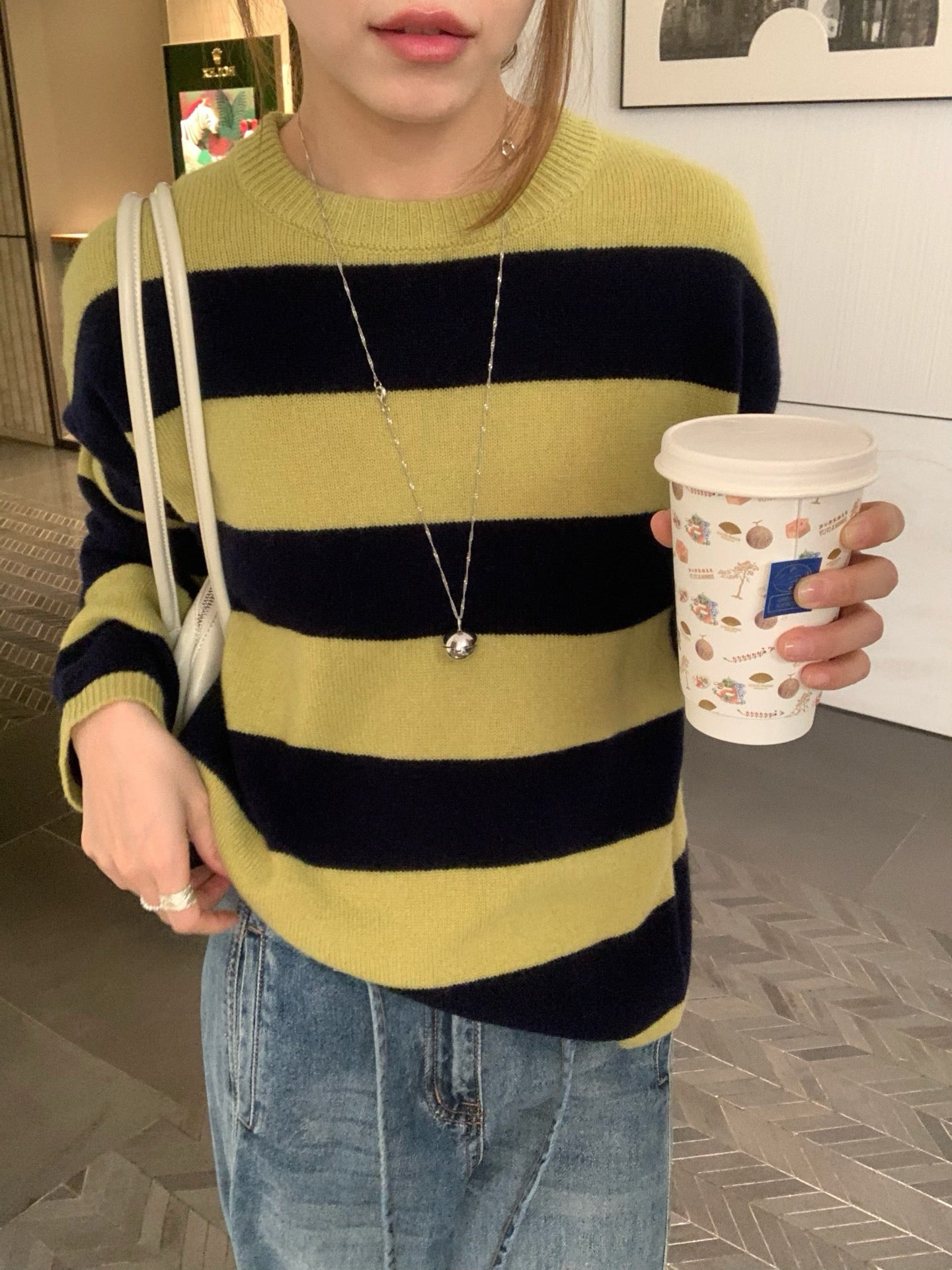 // 撞色粗間條100%羊毛圓領毛衣