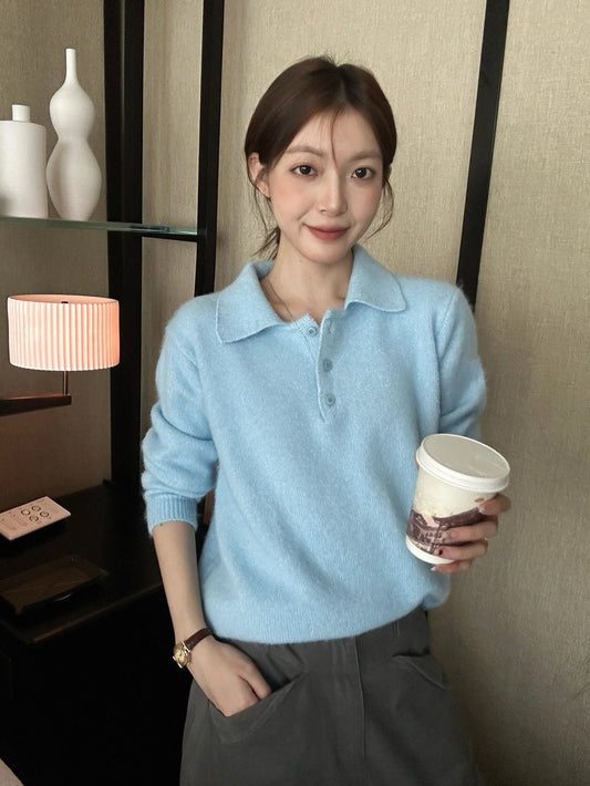 B197 / polo鈕扣軟糯絨毛感針織上衣