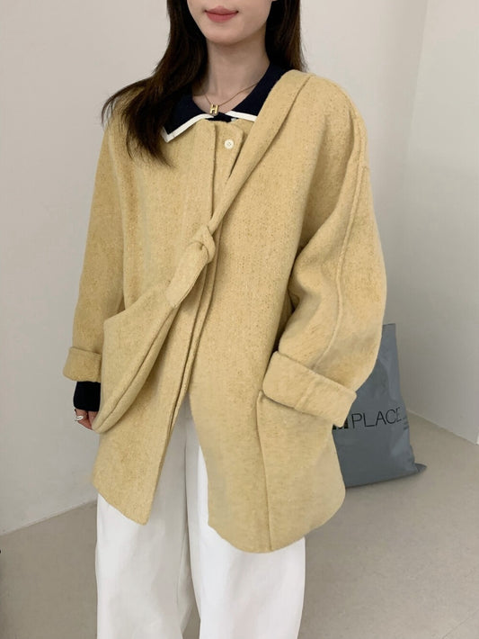 // 100%wool圓領大袋雙面毛呢外套(連袋仔)