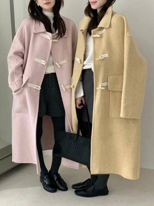 // 100%羊毛大口袋牛角鈕雙面手工長外套