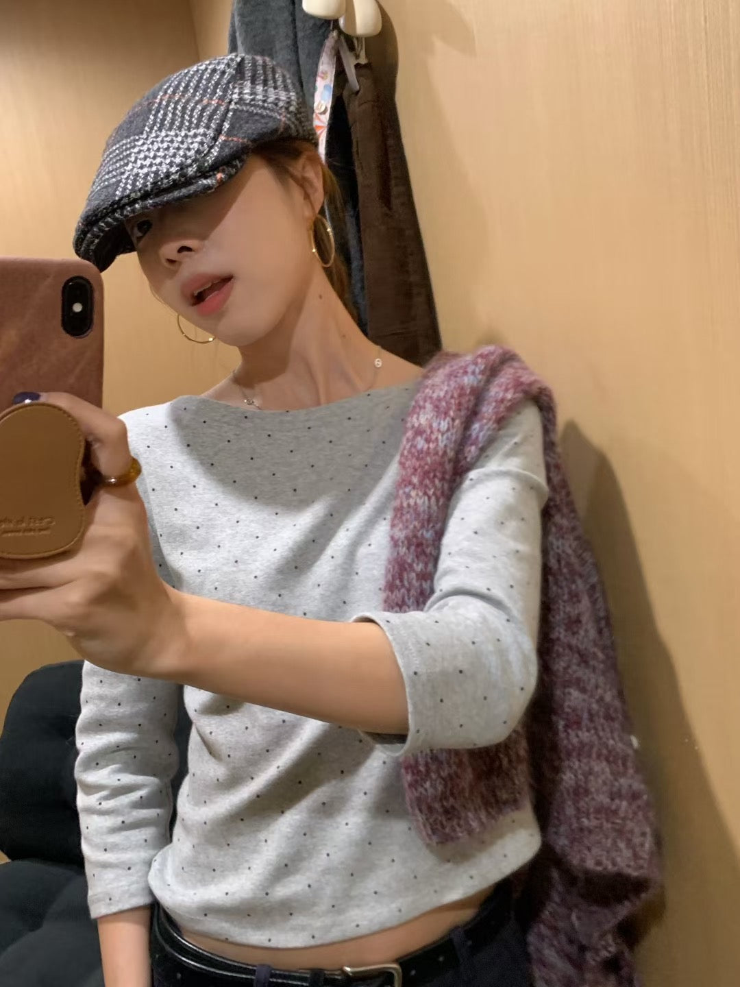 // 八分袖波點磨毛感TEE