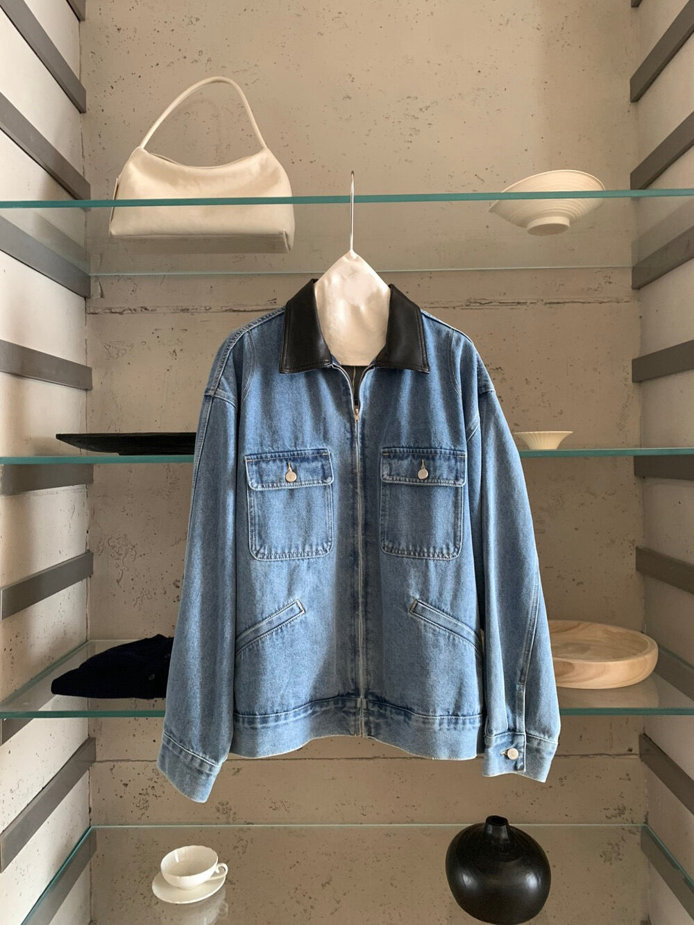 🫐 復古感拼皮領寬鬆牛仔外套