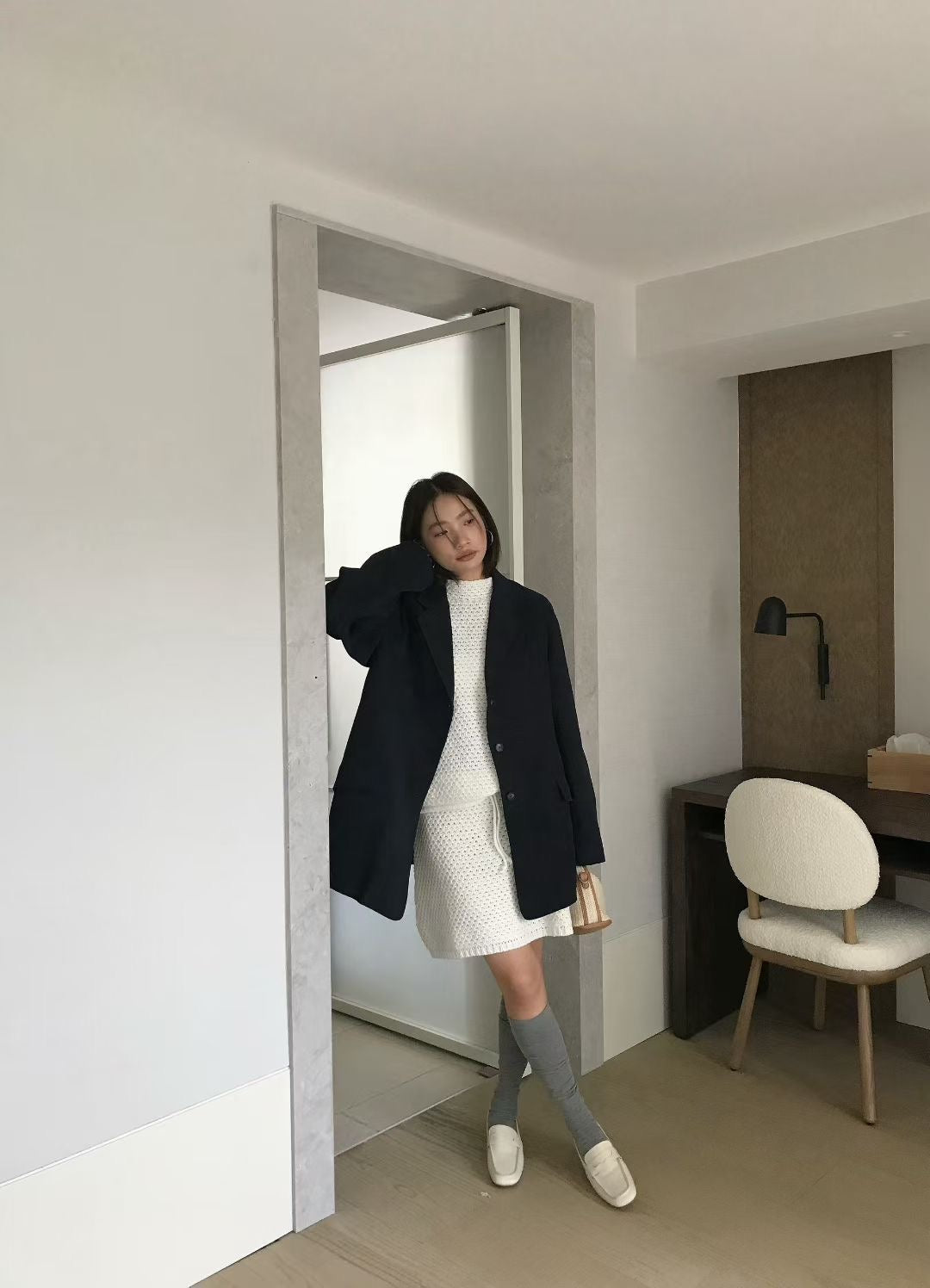 // 法式洗水棉中長款西裝外套