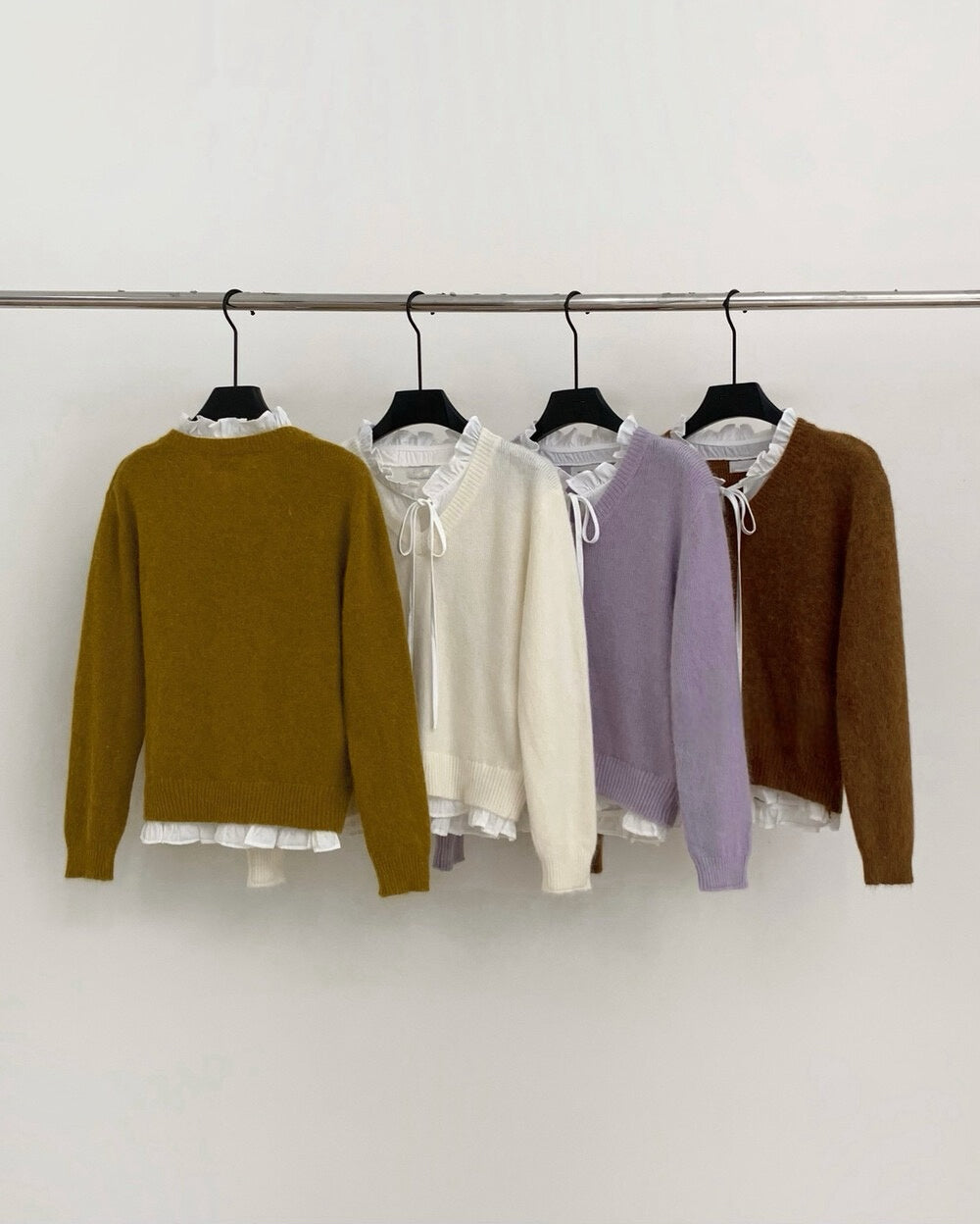 // 拼接花邊綁帶領假兩件毛衣