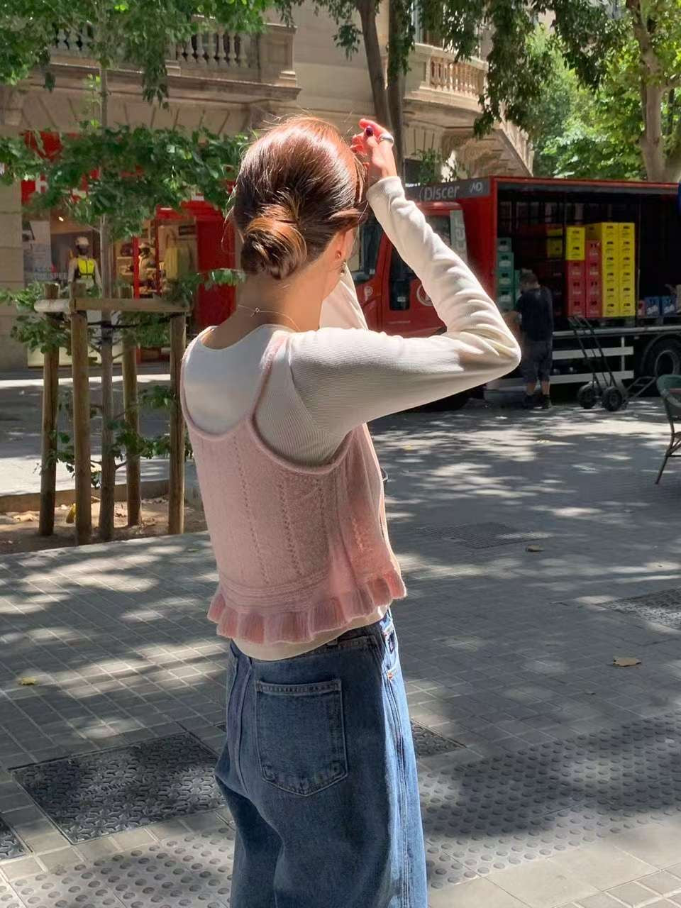 // 超美荷葉邊直間織紋小吊帶