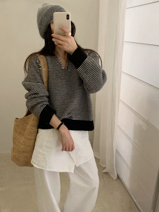// 設計感撞色領一粒鈕細間條毛衣