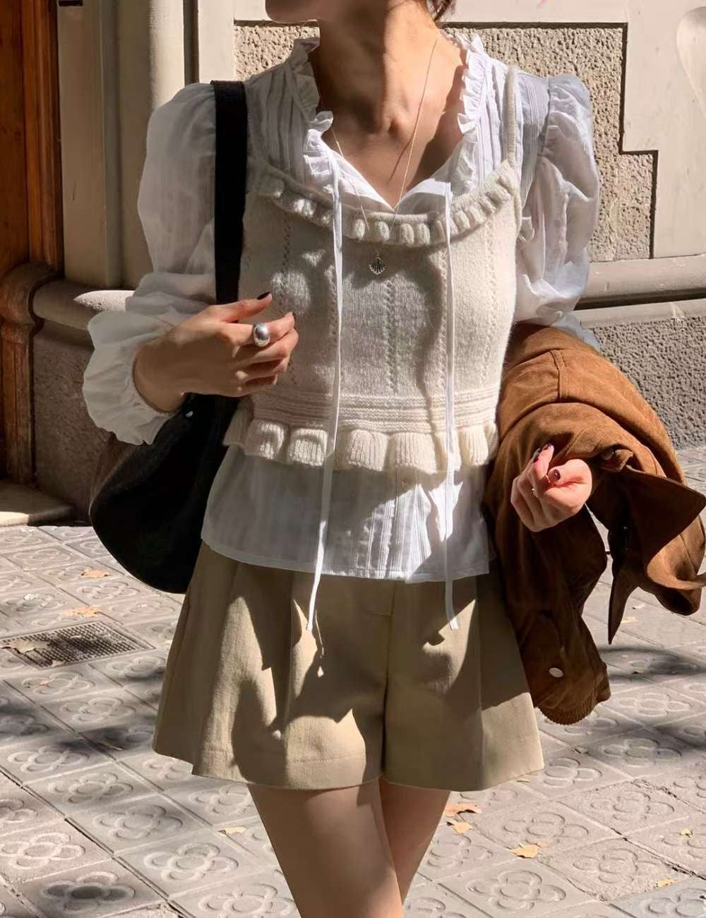 // 超美荷葉邊直間織紋小吊帶