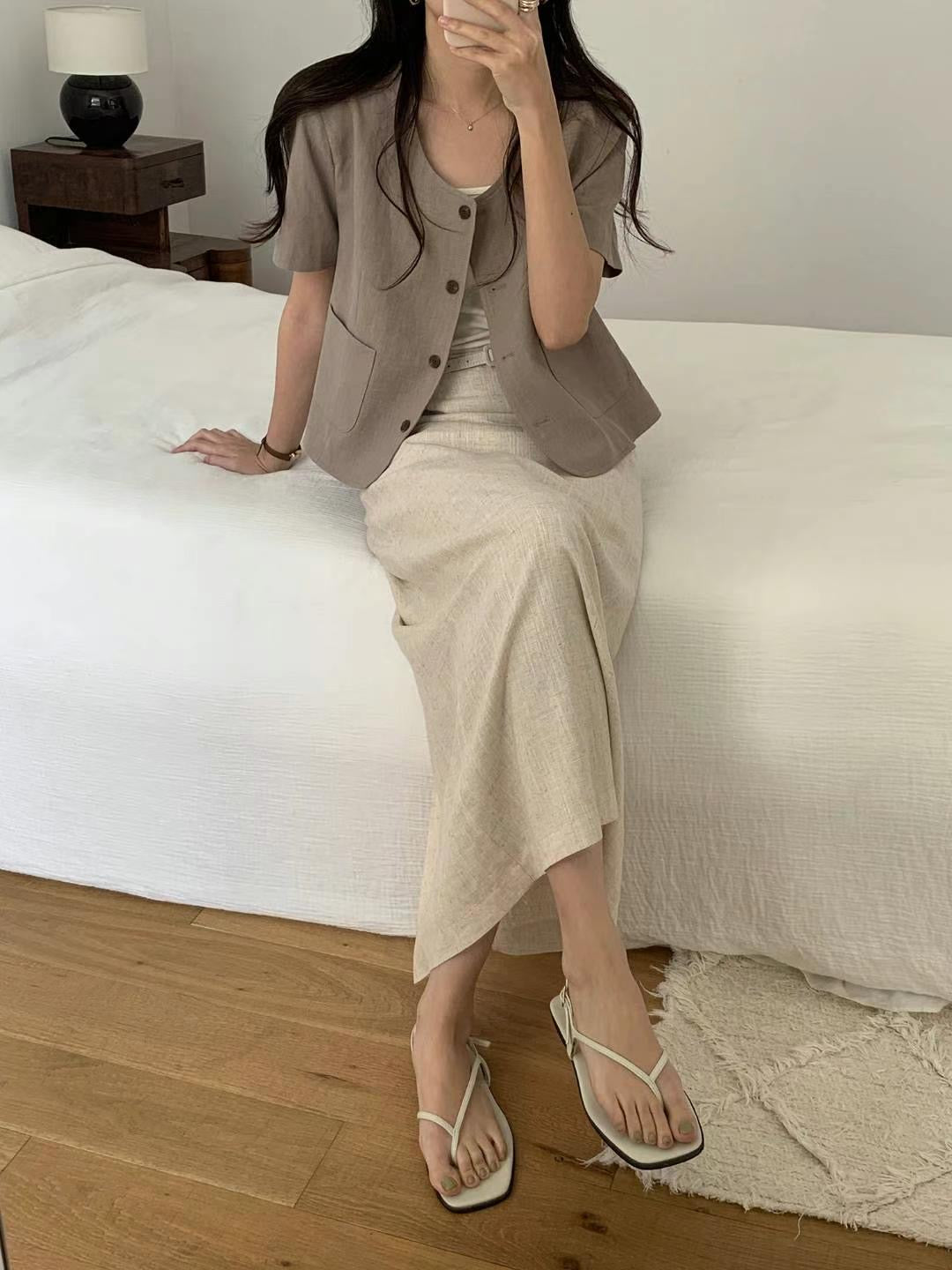 // linen100%簡約口袋外套
