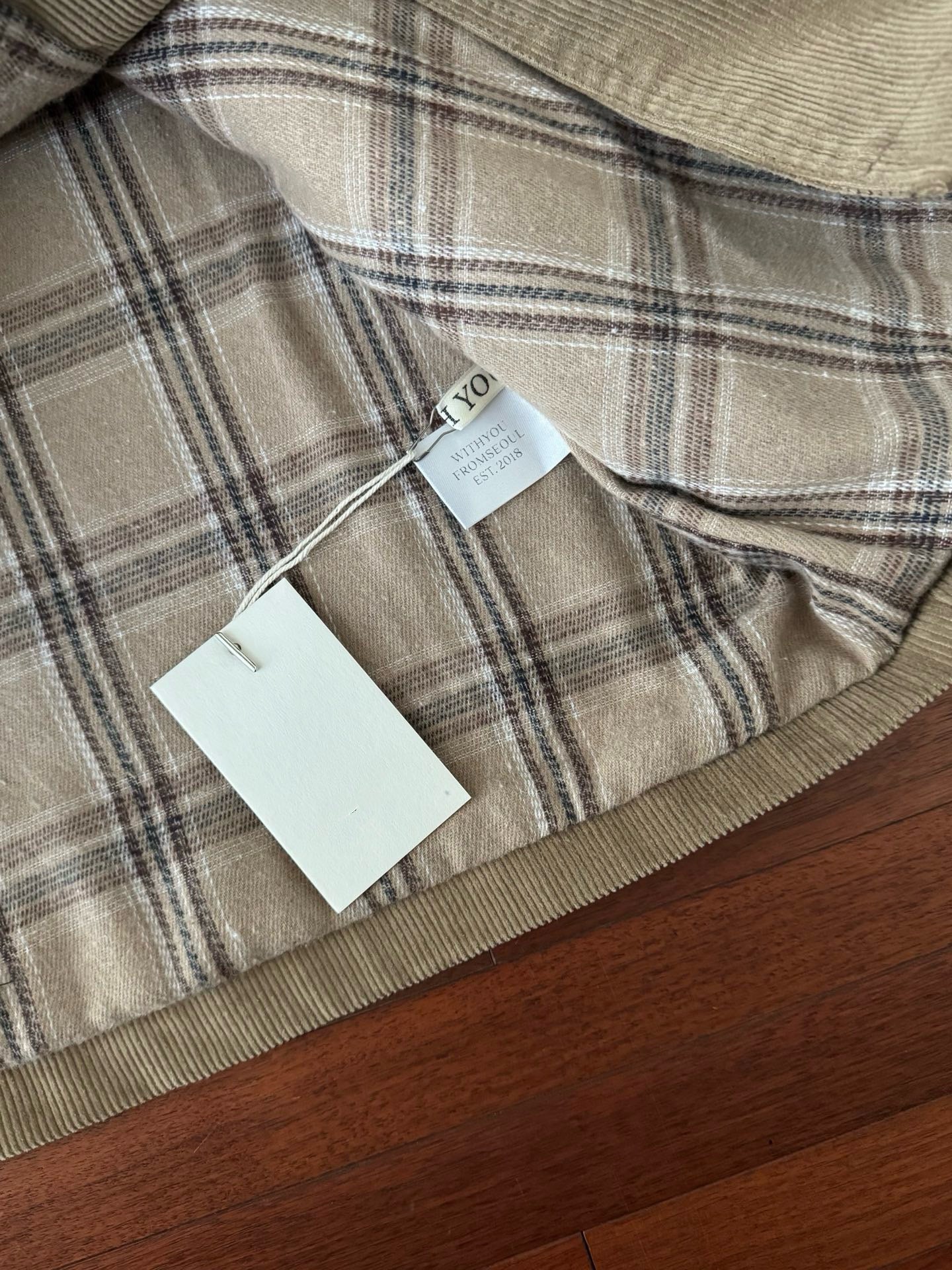 // 絨面領拼燈芯絨格紋拼布中長外套